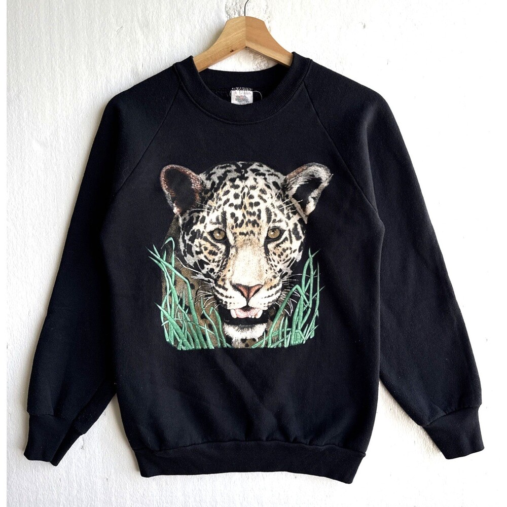 VTG 90s Art Leopard Fruit of the Loom Sweatshirt Small Black Cotton Pullover